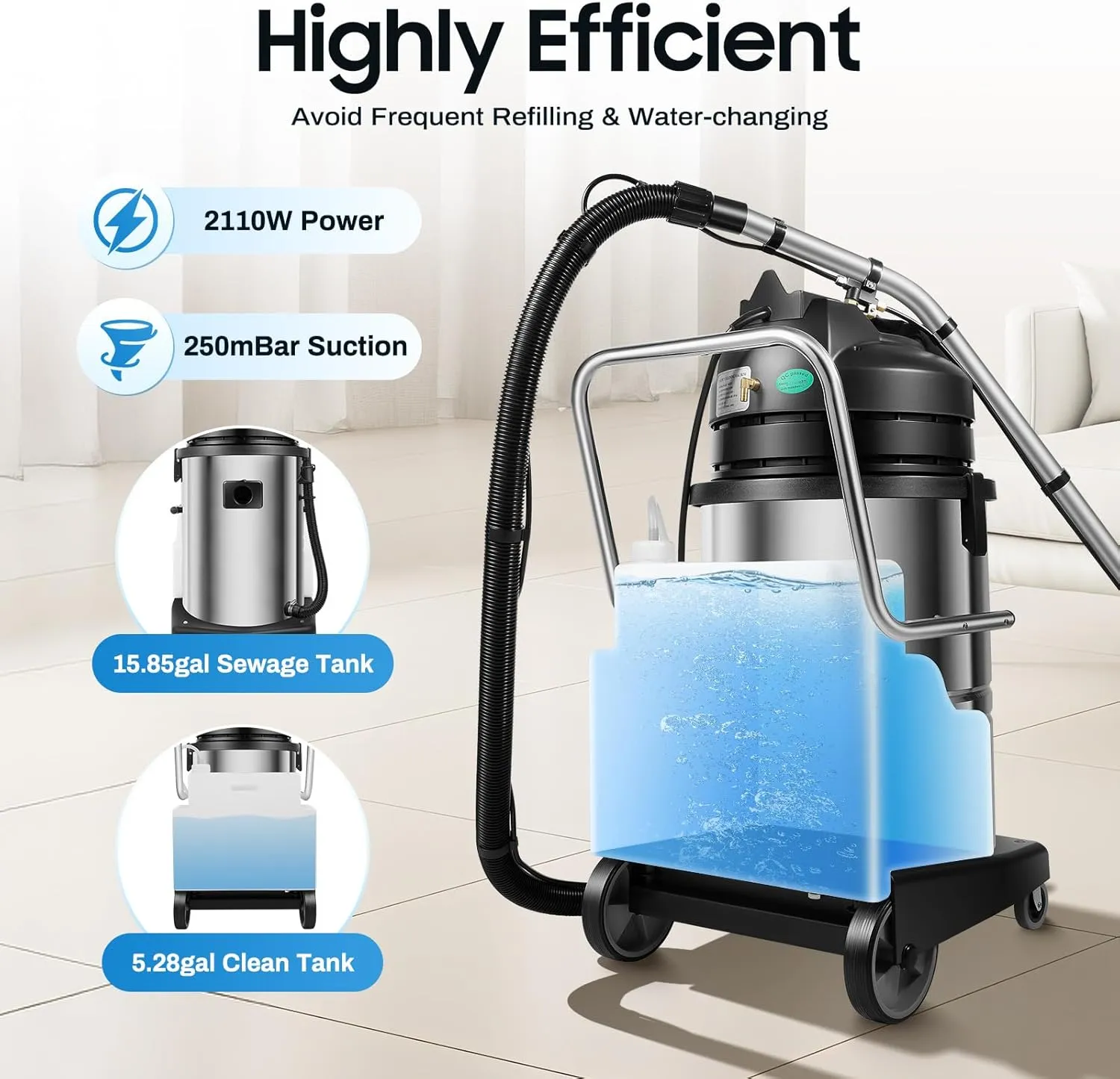60L Commercial Carpet Cleaner Machine, 3 in 1 Heavy Duty Extractor Vacuum Washing Machine, Portable Carpet Sofa Wet Dry Vacuum Cleaner for Workshop, Car, Garage, Home