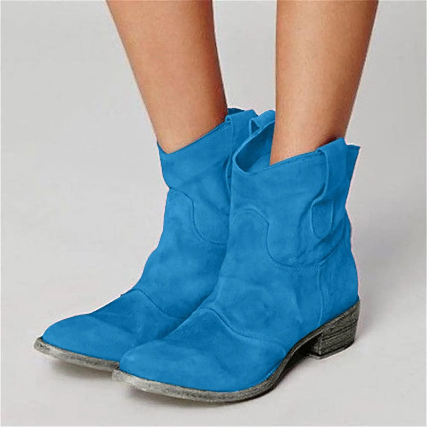 AMDBEL Womens Boots Ankle, Women's Ankle Boots Chunky Low Heel Suede Mid Calf Zipper Cowboy Boots Winter Booties