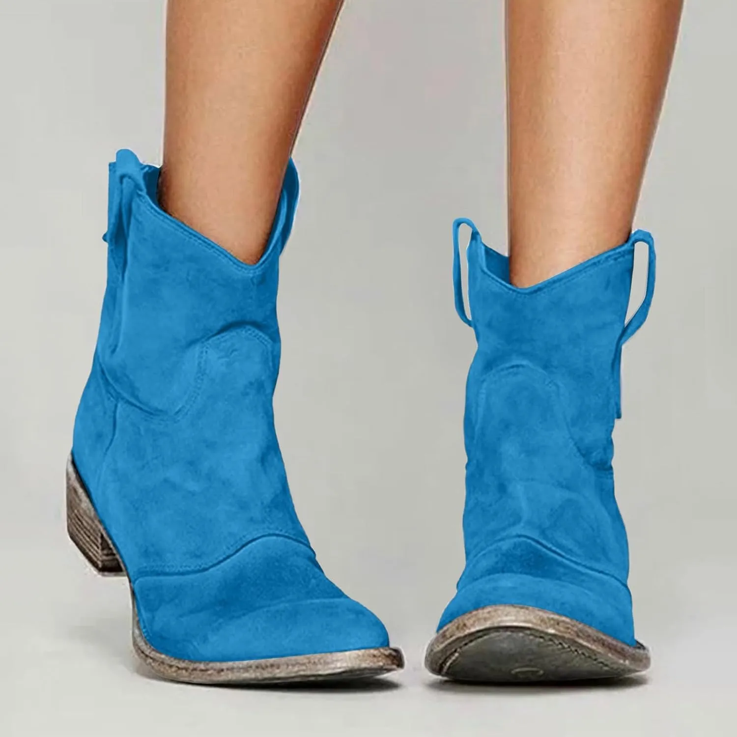AMDBEL Womens Boots Ankle, Women's Ankle Boots Chunky Low Heel Suede Mid Calf Zipper Cowboy Boots Winter Booties