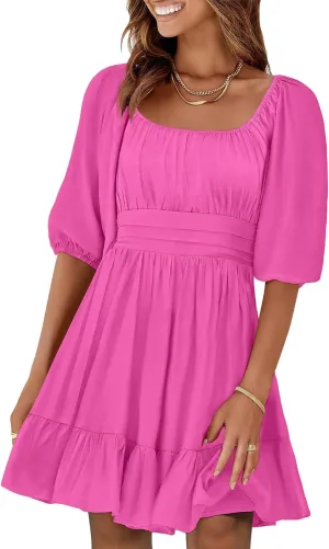 ANRABESS Women Summer Casual Short Lantern Sleeve Square Neck A-Line Flowy Boho Mini Dress 2025 Trendy Beach Travel Clothes
