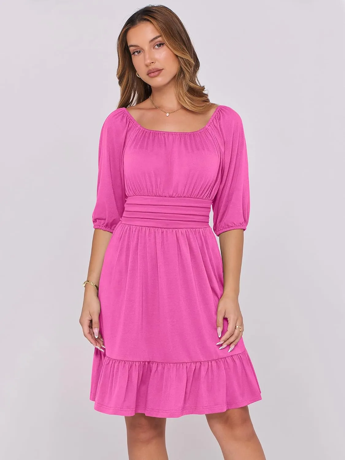 ANRABESS Women Summer Casual Short Lantern Sleeve Square Neck A-Line Flowy Boho Mini Dress 2025 Trendy Beach Travel Clothes