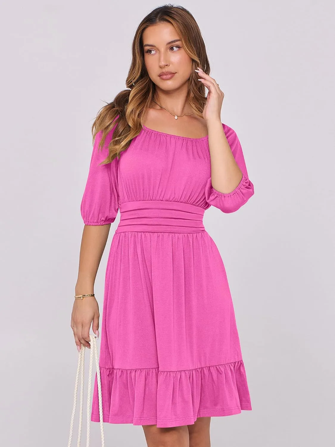 ANRABESS Women Summer Casual Short Lantern Sleeve Square Neck A-Line Flowy Boho Mini Dress 2025 Trendy Beach Travel Clothes