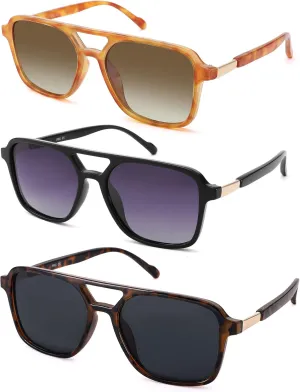 AZorb 3Pack Retro Square Aviator Sunglasses for Women Men - Trendy Rectangle Flat Aviator Sun Glasses Vintage Shades