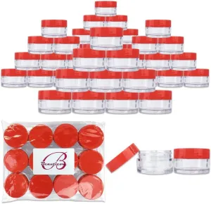 Beauticom 20 gram/20ml Empty Clear Small Round Travel Container Jar Pots with Lids for Make Up Powder, Eyeshadow Pigments, Lotion, Creams, Lip Balm, Lip Gloss, Samples (48 Pieces, Red)