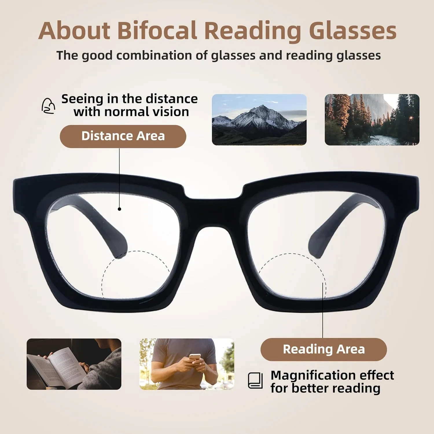 Bifocal Reading Glasses for Women Oversized Dual Focus Blue Light Readers Oprah No Line Clear Square Retro Eyewear