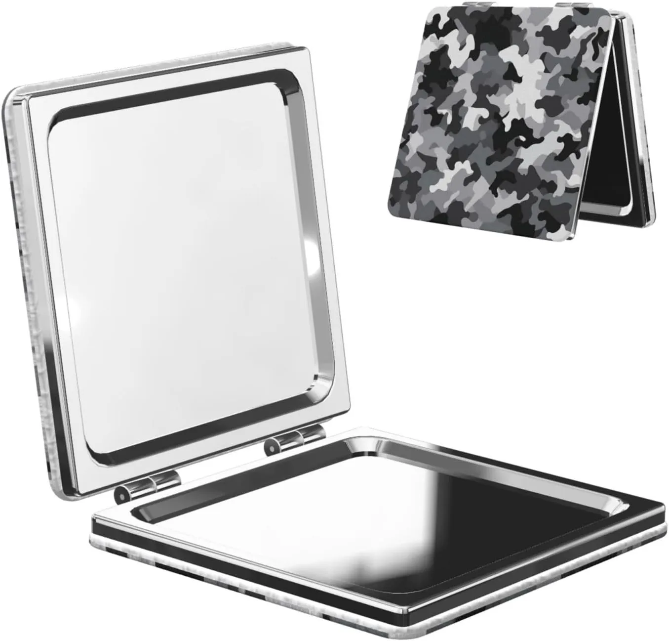Black Grey White Camouflage Printed Square Pocket Makeup Mirror with 1X/2X Magnification, Portable Mini Travel Makeup Mirror for Travel Daily Work Beauty