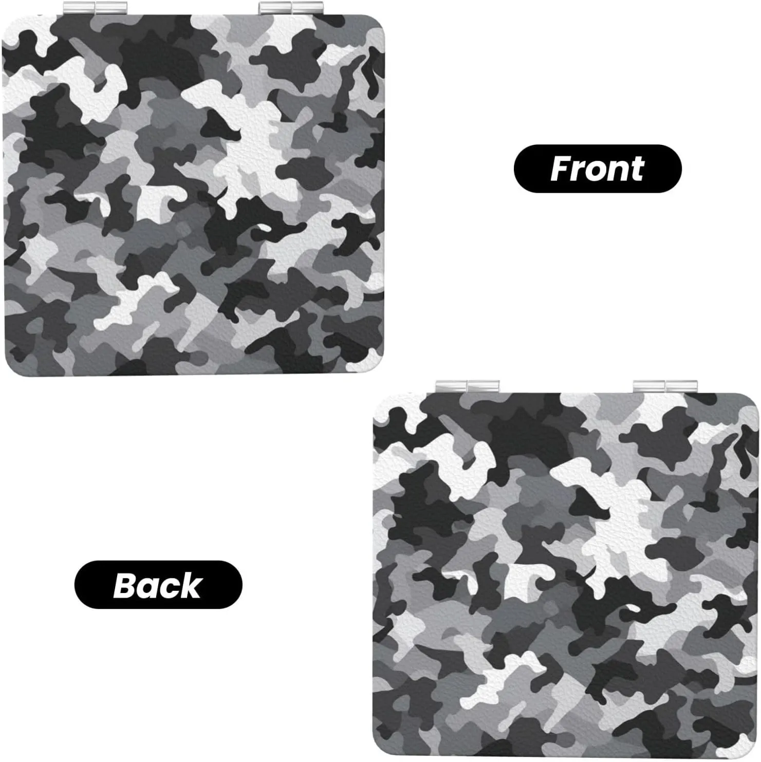 Black Grey White Camouflage Printed Square Pocket Makeup Mirror with 1X/2X Magnification, Portable Mini Travel Makeup Mirror for Travel Daily Work Beauty