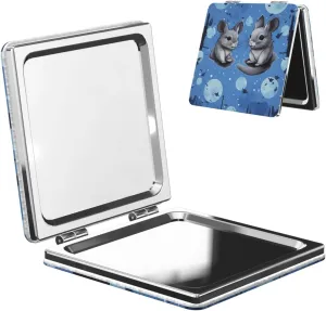 Blue Chinchillas and Moon Printed Square Pocket Makeup Mirror with 1X/2X Magnification, Portable Mini Travel Makeup Mirror for Travel Daily Work Beauty