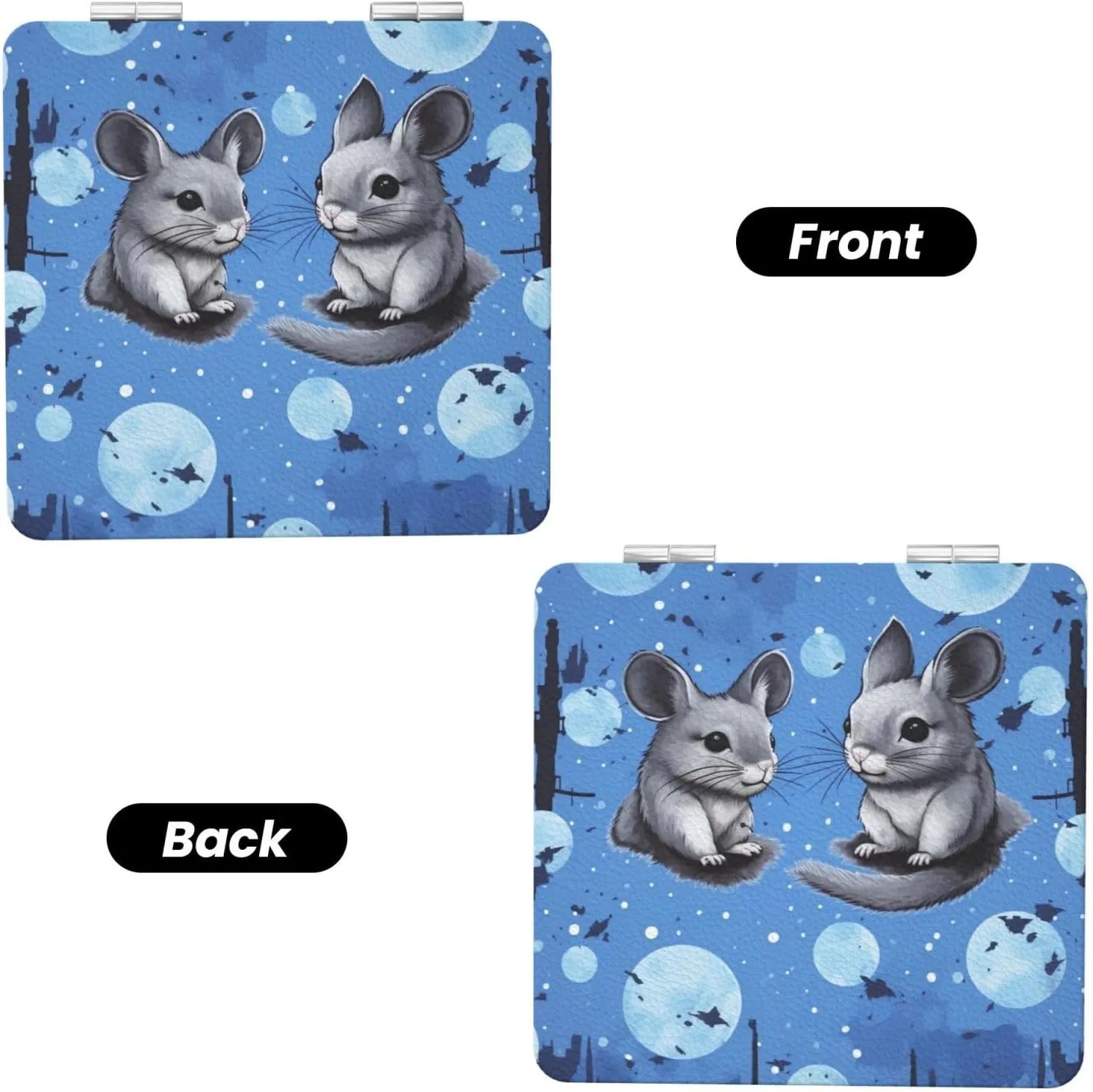 Blue Chinchillas and Moon Printed Square Pocket Makeup Mirror with 1X/2X Magnification, Portable Mini Travel Makeup Mirror for Travel Daily Work Beauty