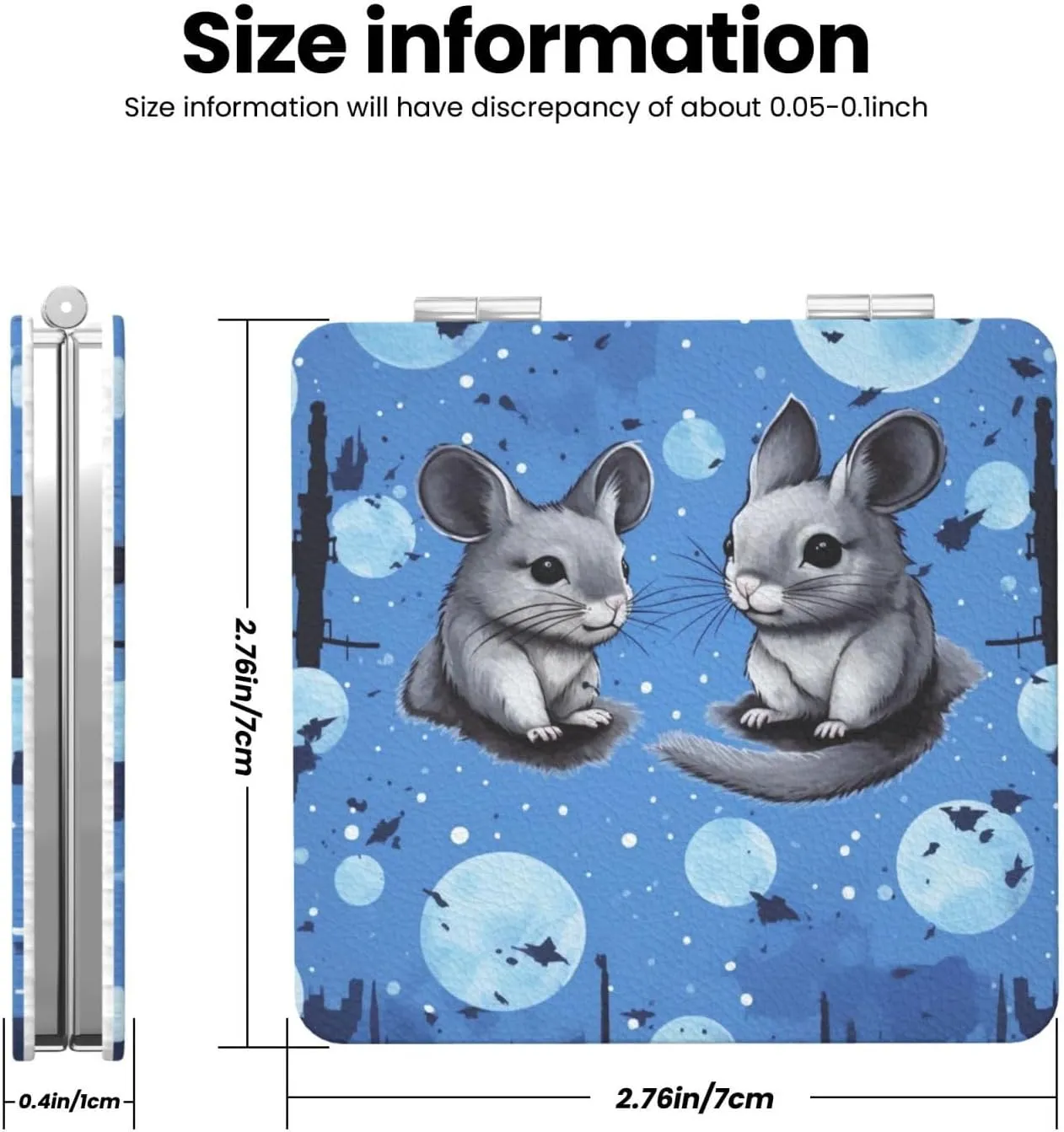Blue Chinchillas and Moon Printed Square Pocket Makeup Mirror with 1X/2X Magnification, Portable Mini Travel Makeup Mirror for Travel Daily Work Beauty