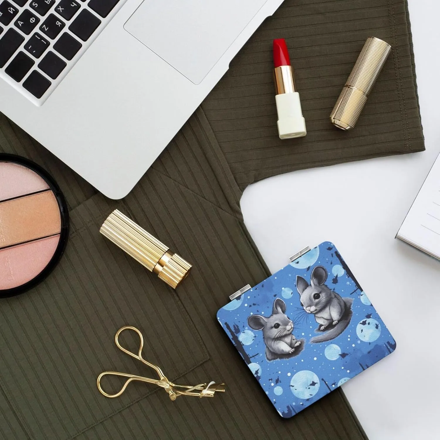 Blue Chinchillas and Moon Printed Square Pocket Makeup Mirror with 1X/2X Magnification, Portable Mini Travel Makeup Mirror for Travel Daily Work Beauty