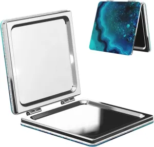 Bright Aqua Blue Turquoise Printed Square Pocket Makeup Mirror with 1X/2X Magnification, Portable Mini Travel Makeup Mirror for Travel Daily Work Beauty