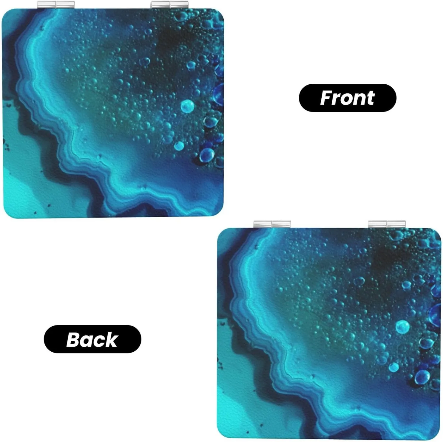 Bright Aqua Blue Turquoise Printed Square Pocket Makeup Mirror with 1X/2X Magnification, Portable Mini Travel Makeup Mirror for Travel Daily Work Beauty