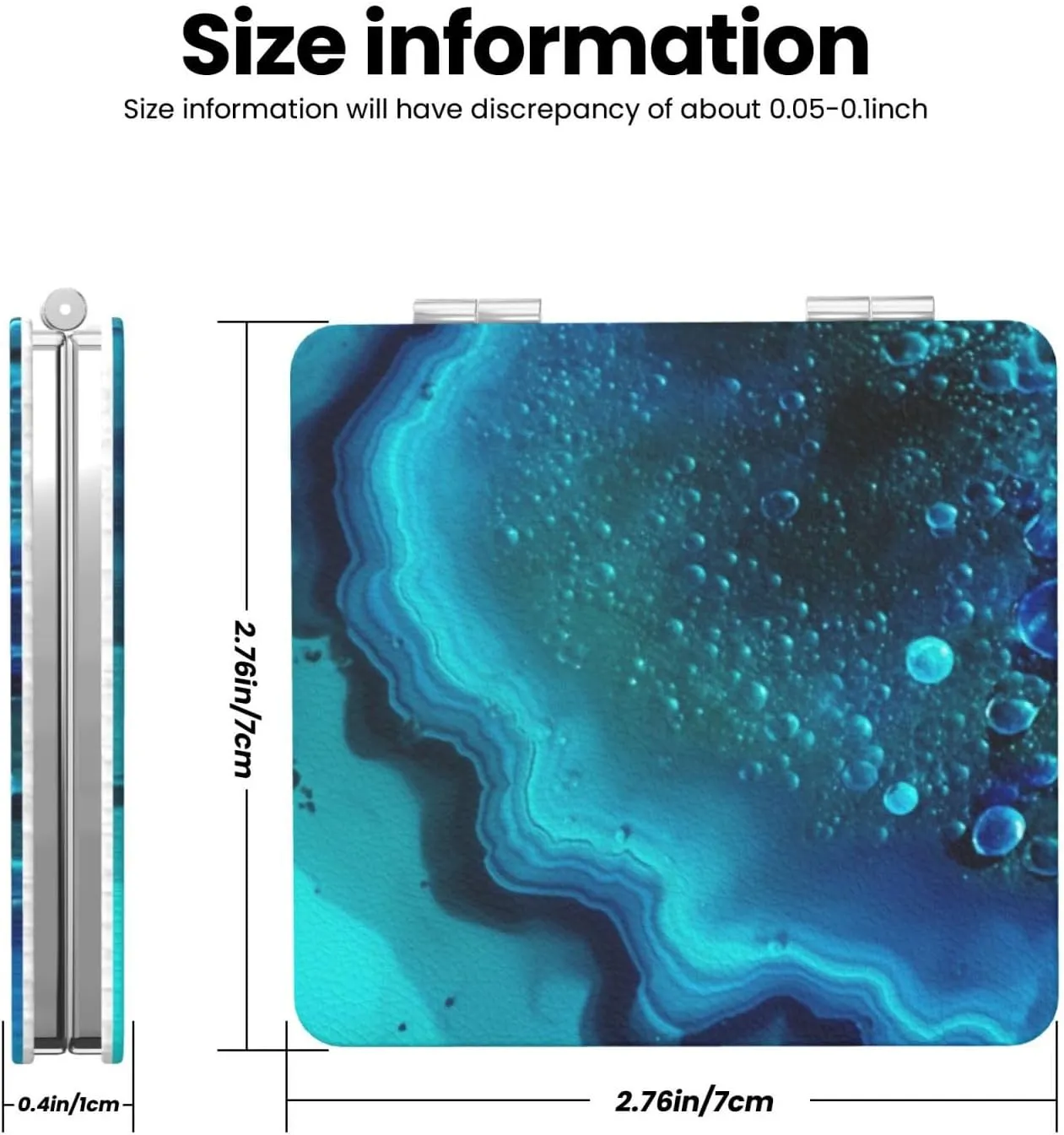 Bright Aqua Blue Turquoise Printed Square Pocket Makeup Mirror with 1X/2X Magnification, Portable Mini Travel Makeup Mirror for Travel Daily Work Beauty