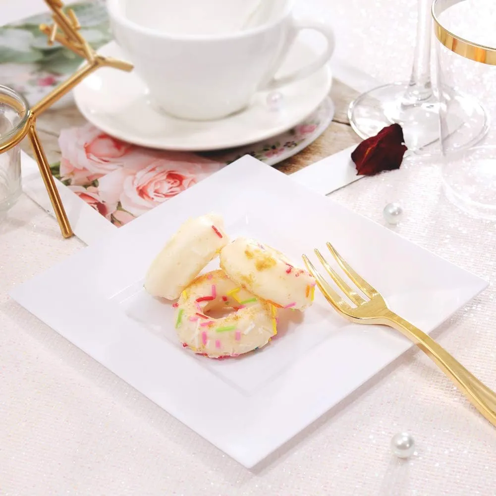 bUCLA 100PCS White Square Plastic Plates-6inch Disposable Cake Plates- Premium Hard Square Small Appetizer Plates for Wedding/Party