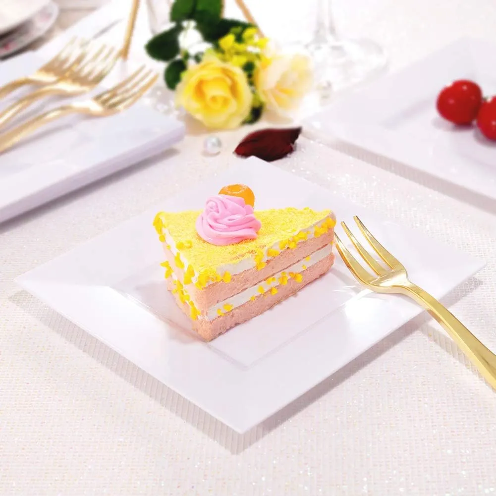 bUCLA 100PCS White Square Plastic Plates-6inch Disposable Cake Plates- Premium Hard Square Small Appetizer Plates for Wedding/Party