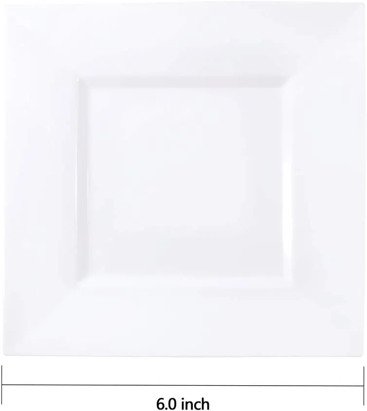 bUCLA 100PCS White Square Plastic Plates-6inch Disposable Cake Plates- Premium Hard Square Small Appetizer Plates for Wedding/Party