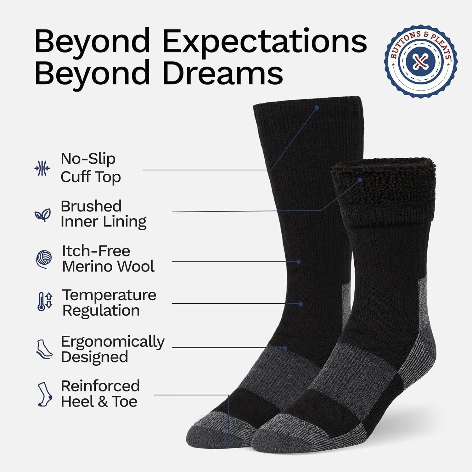 Buttons & Pleats Wool Socks for Men & Women Merino Thermal Warm Cozy Winter Boot Sock