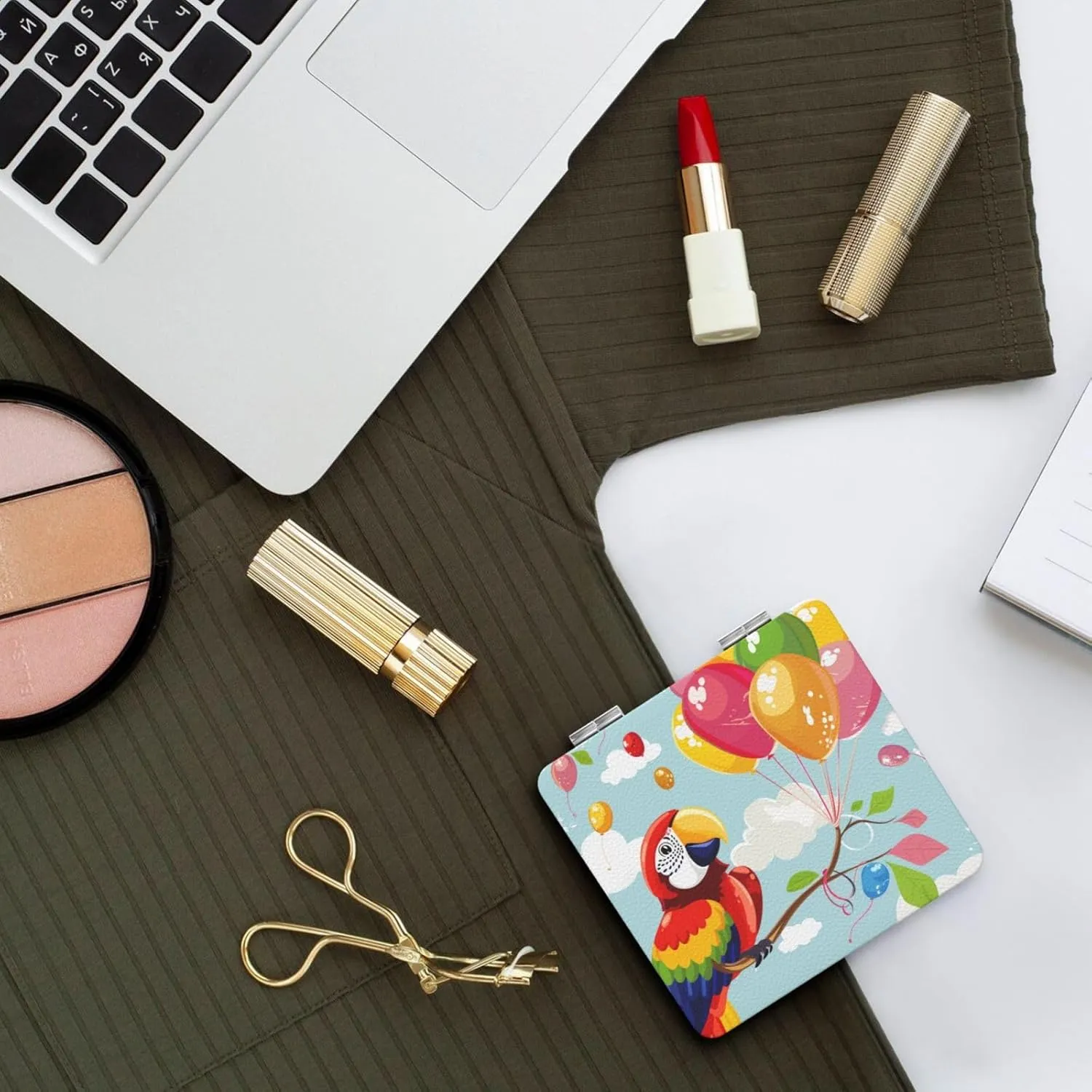 Cartoon Parrot Playing with Balloons Printed Square Pocket Makeup Mirror with 1X/2X Magnification, Portable Mini Travel Makeup Mirror for Travel Daily Work Beauty