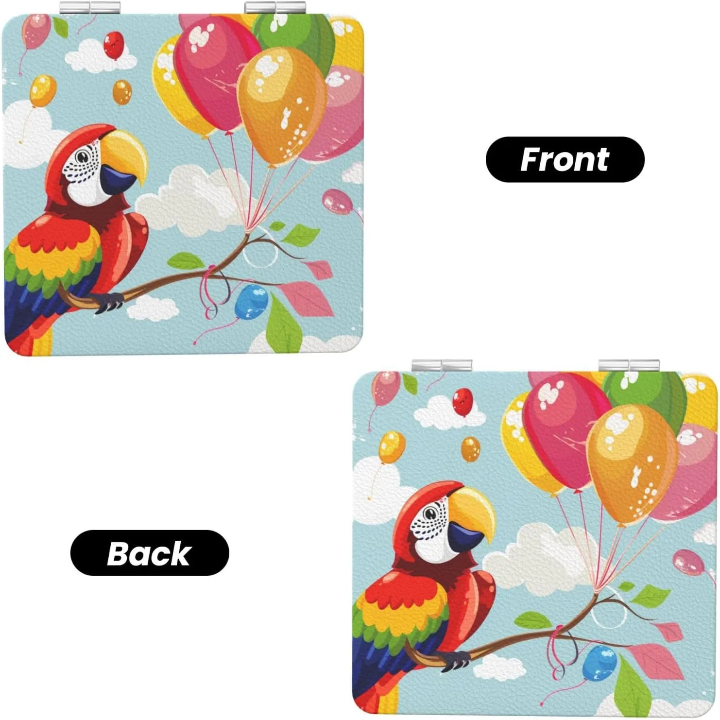 Cartoon Parrot Playing with Balloons Printed Square Pocket Makeup Mirror with 1X/2X Magnification, Portable Mini Travel Makeup Mirror for Travel Daily Work Beauty