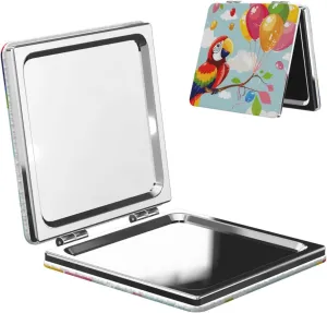 Cartoon Parrot Playing with Balloons Printed Square Pocket Makeup Mirror with 1X/2X Magnification, Portable Mini Travel Makeup Mirror for Travel Daily Work Beauty