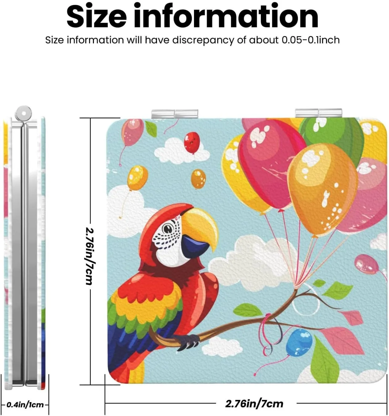 Cartoon Parrot Playing with Balloons Printed Square Pocket Makeup Mirror with 1X/2X Magnification, Portable Mini Travel Makeup Mirror for Travel Daily Work Beauty