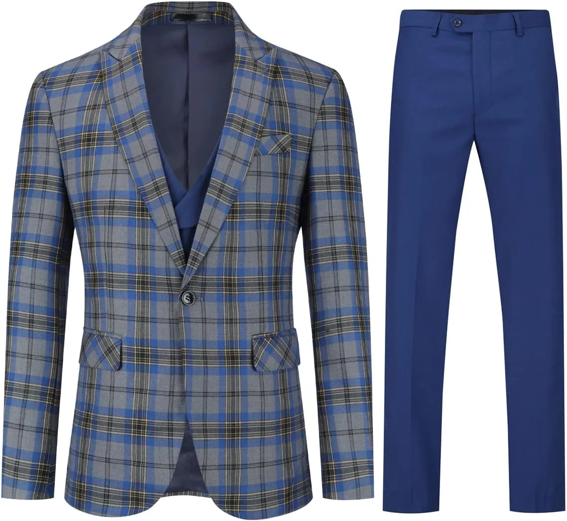 Cloudstyle Mens 3-Piece Plaid Suit Set Modern Fit Jacket Tux Blazer Vest Pants
