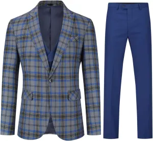 Cloudstyle Mens 3-Piece Plaid Suit Set Modern Fit Jacket Tux Blazer Vest Pants