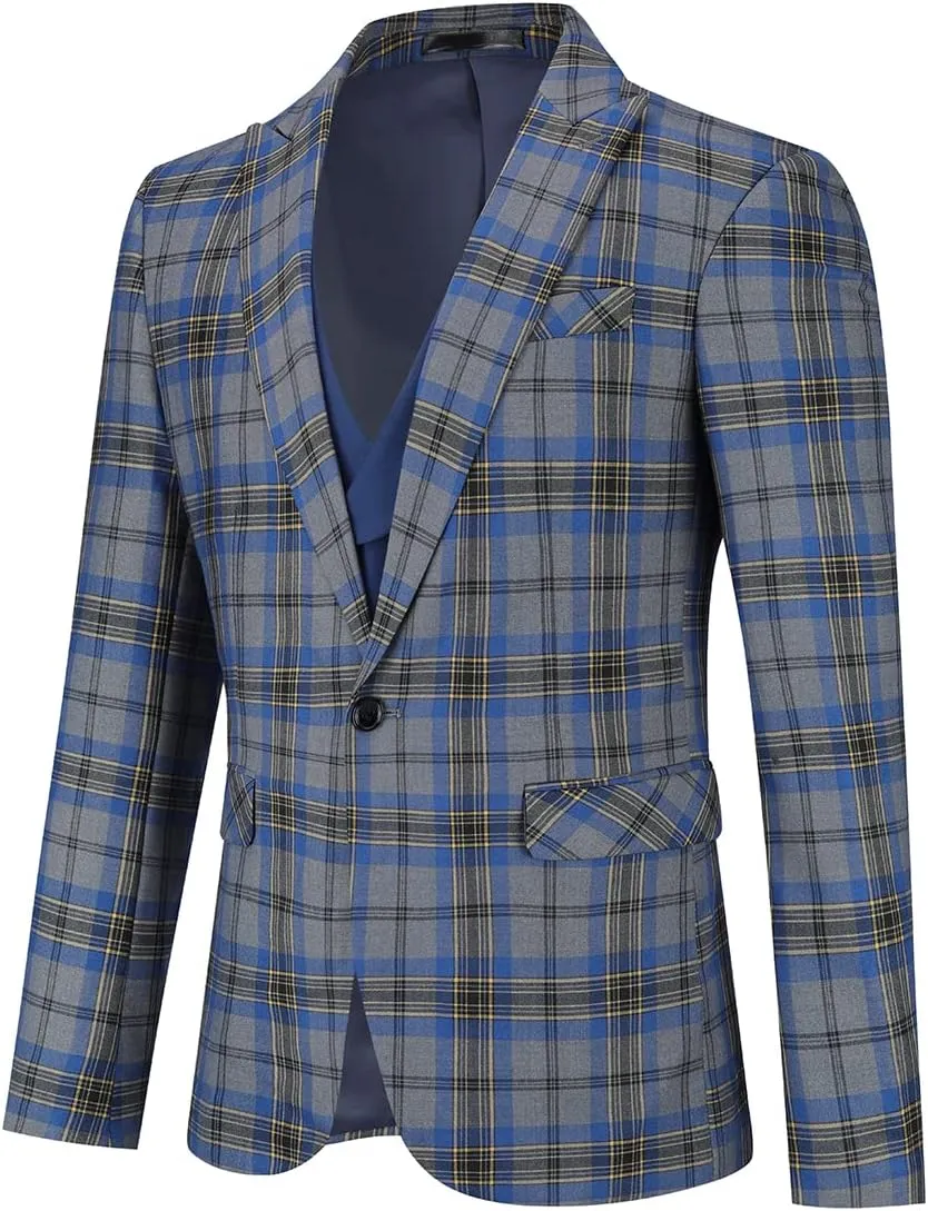 Cloudstyle Mens 3-Piece Plaid Suit Set Modern Fit Jacket Tux Blazer Vest Pants