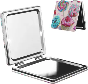Colorful Sweet Lollipop Cupcake Donut Printed Square Pocket Makeup Mirror with 1X/2X Magnification, Portable Mini Travel Makeup Mirror for Travel Daily Work Beauty