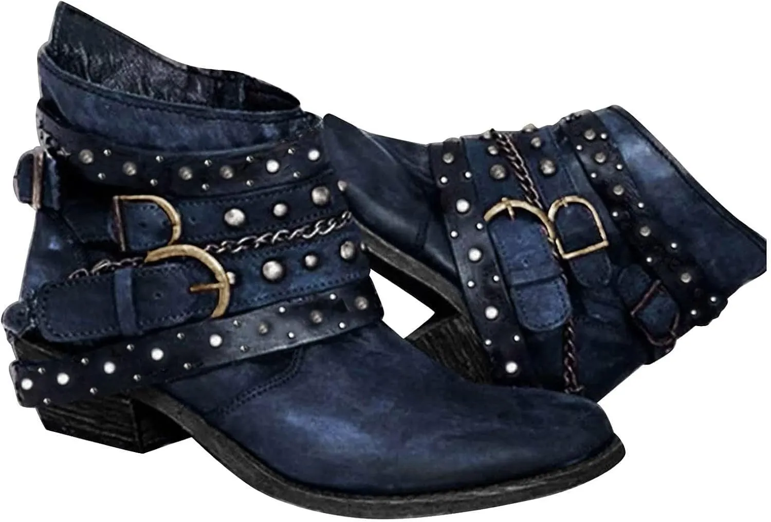 Combat Boots for Women Goth Vintage Rivet Metal Buckle Leather Round Toe Chunky Low Heels Ankle Booties Riding Short Boots