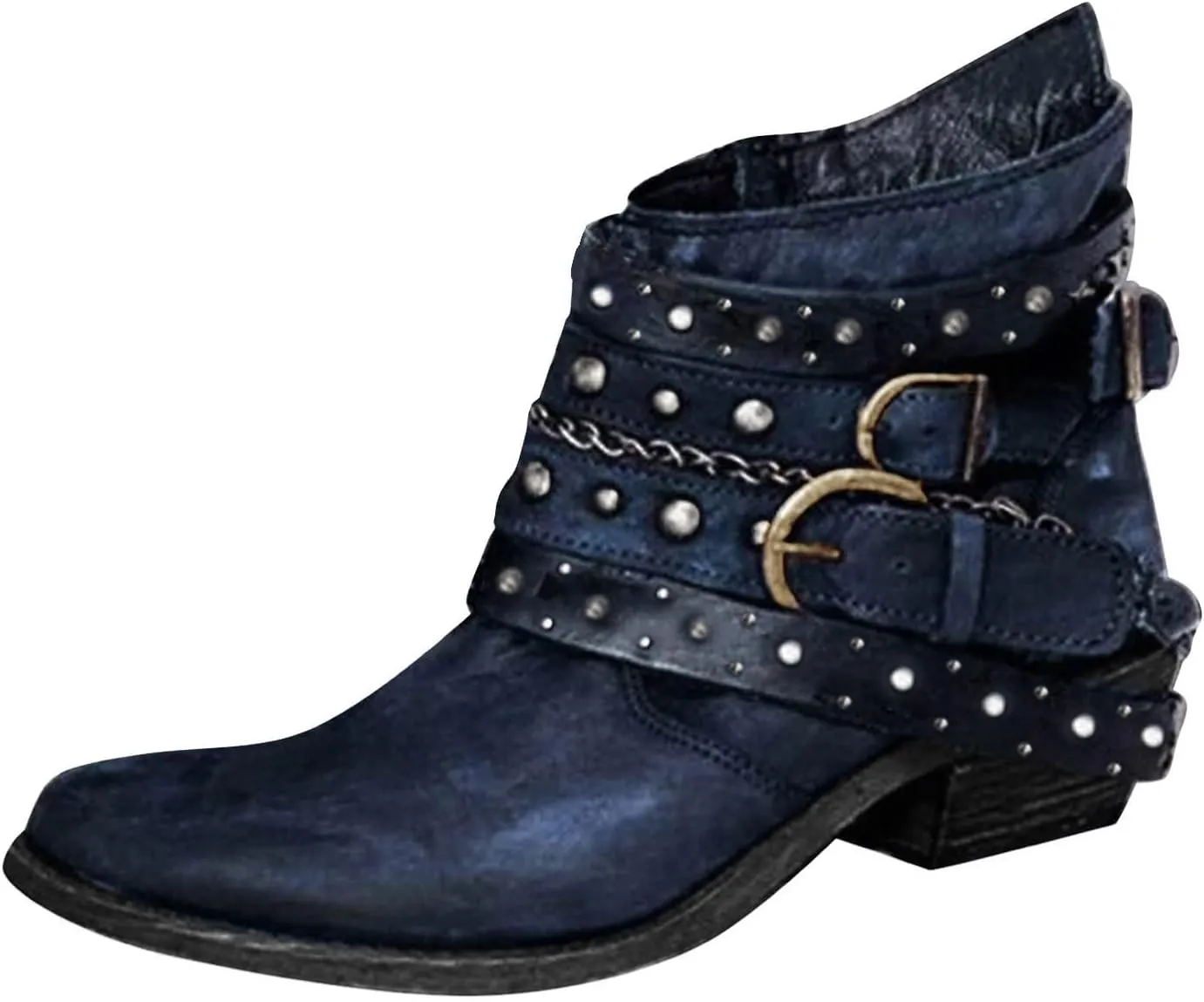 Combat Boots for Women Goth Vintage Rivet Metal Buckle Leather Round Toe Chunky Low Heels Ankle Booties Riding Short Boots