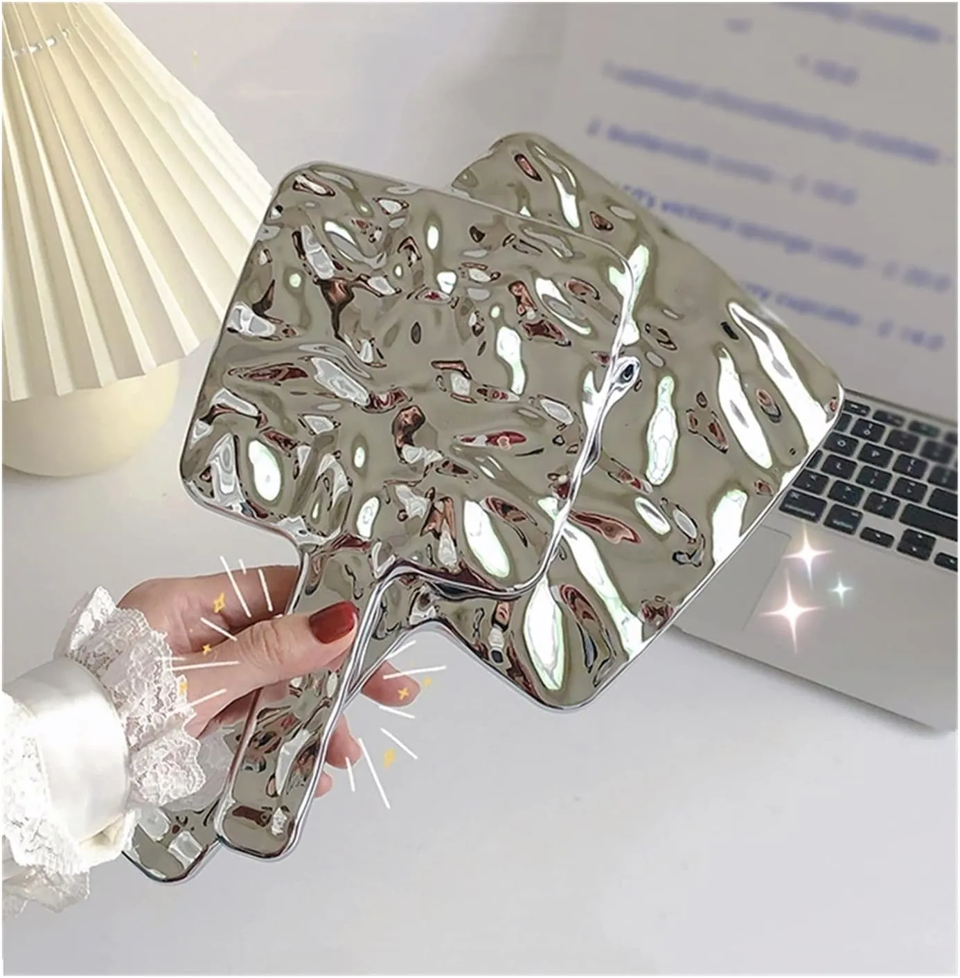 Cosmetic Mirror Simple Handle Mirror Female Portable Makeup Mirror Handheld Makeup Mirror Small Mirror Round Makeup Mirror (Silver) Make Up Mirrors(Medium)