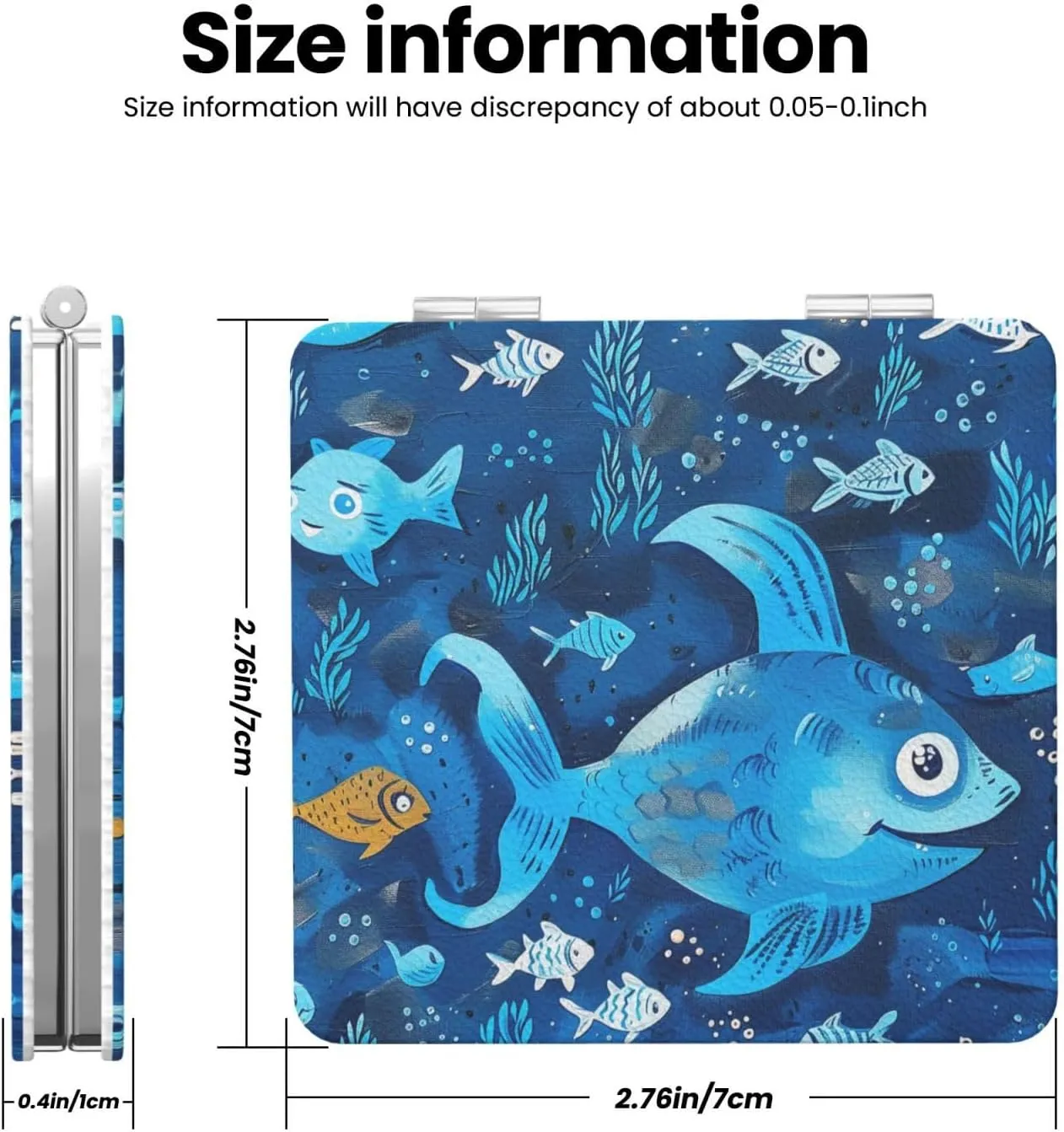 Cute Blue Fish Printed Square Pocket Makeup Mirror with 1X/2X Magnification, Portable Mini Travel Makeup Mirror for Travel Daily Work Beauty
