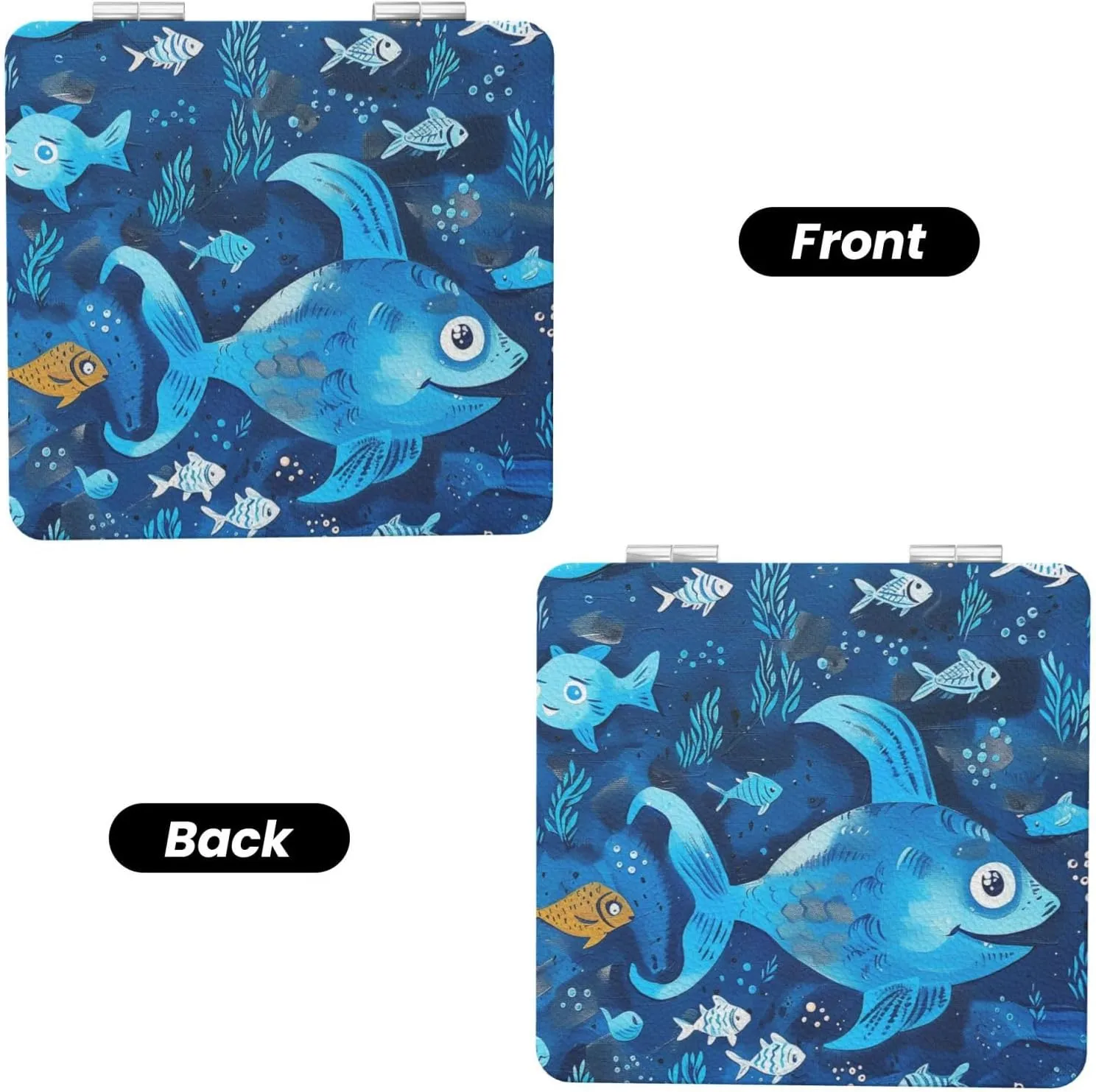 Cute Blue Fish Printed Square Pocket Makeup Mirror with 1X/2X Magnification, Portable Mini Travel Makeup Mirror for Travel Daily Work Beauty