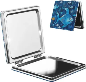 Cute Blue Fish Printed Square Pocket Makeup Mirror with 1X/2X Magnification, Portable Mini Travel Makeup Mirror for Travel Daily Work Beauty