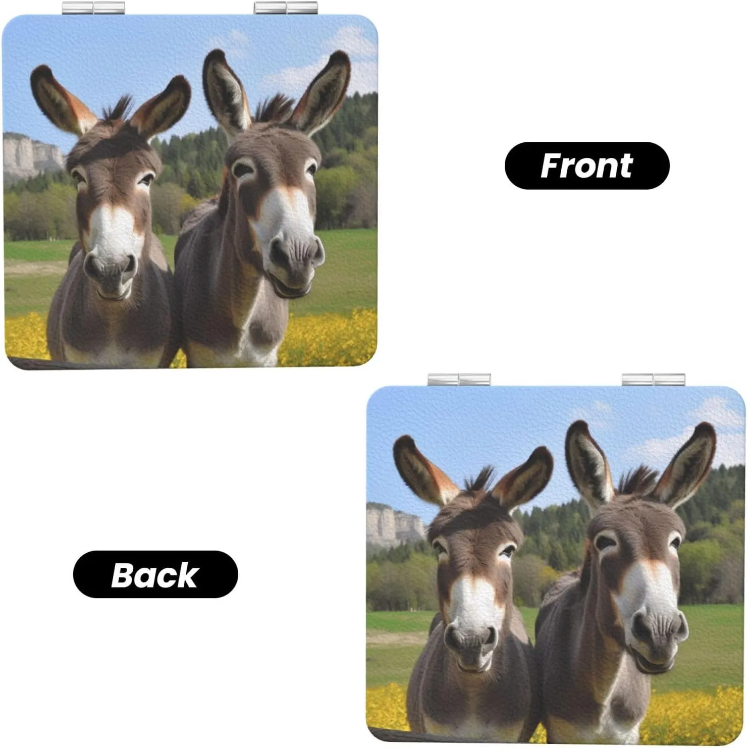 Cute Donkeys Printed Square Pocket Makeup Mirror with 1X/2X Magnification, Portable Mini Travel Makeup Mirror for Travel Daily Work Beauty