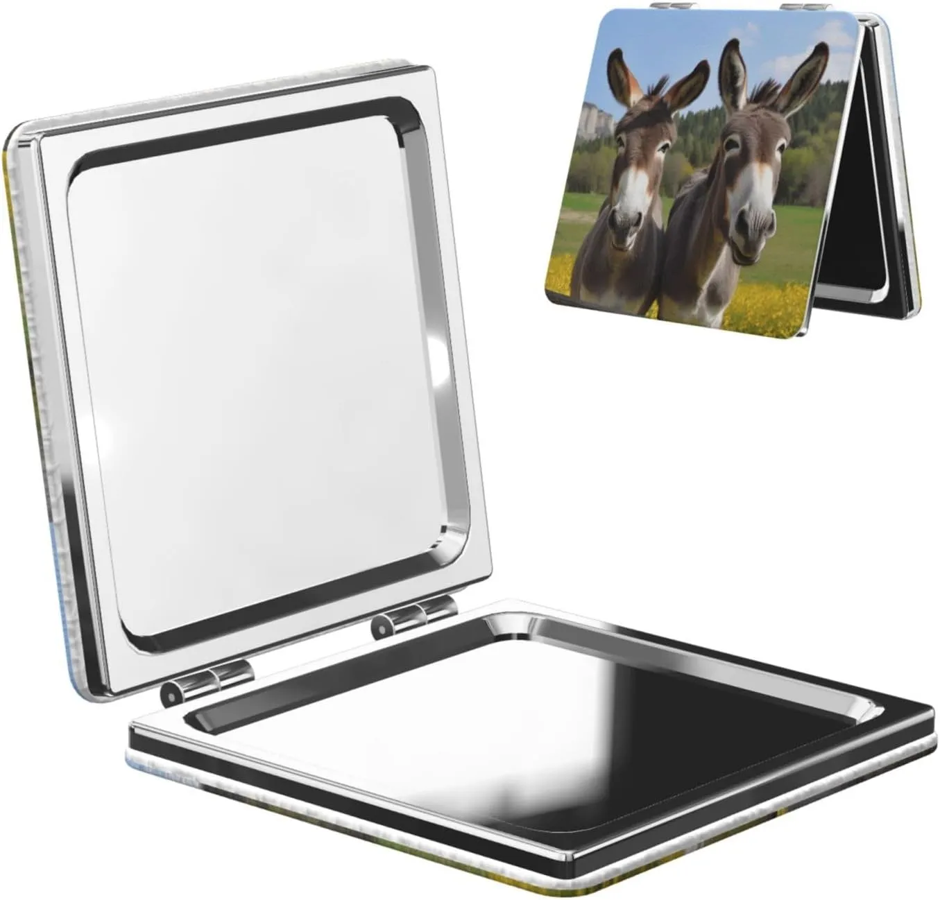 Cute Donkeys Printed Square Pocket Makeup Mirror with 1X/2X Magnification, Portable Mini Travel Makeup Mirror for Travel Daily Work Beauty