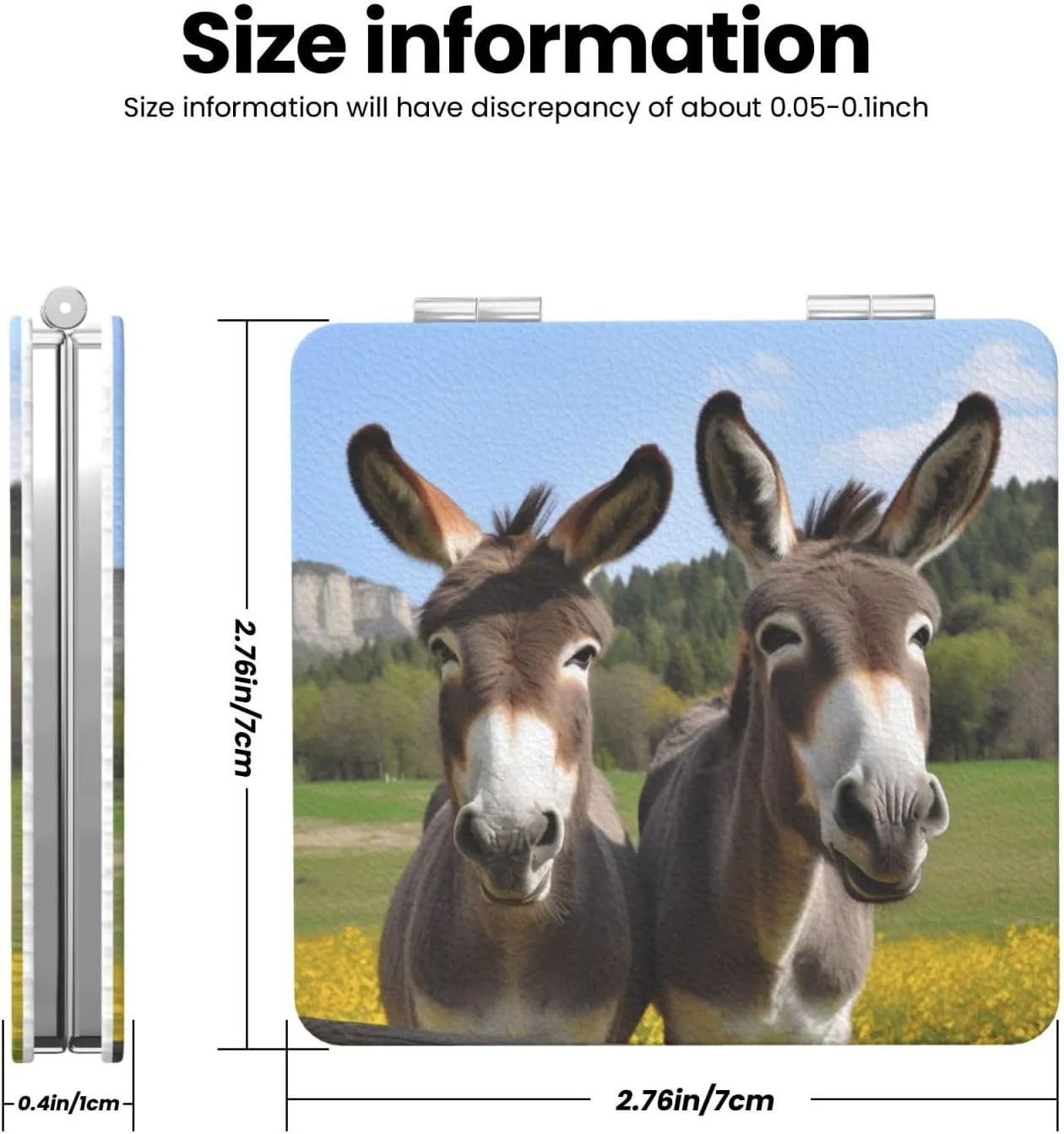 Cute Donkeys Printed Square Pocket Makeup Mirror with 1X/2X Magnification, Portable Mini Travel Makeup Mirror for Travel Daily Work Beauty