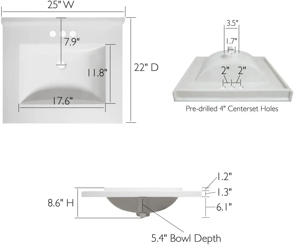 Design House 630210 Camilla Cultured Marble Vanity Top Single Bowl Sink 4-Inch Centerset with Integrated Backsplash, 25-Inch, Solid White