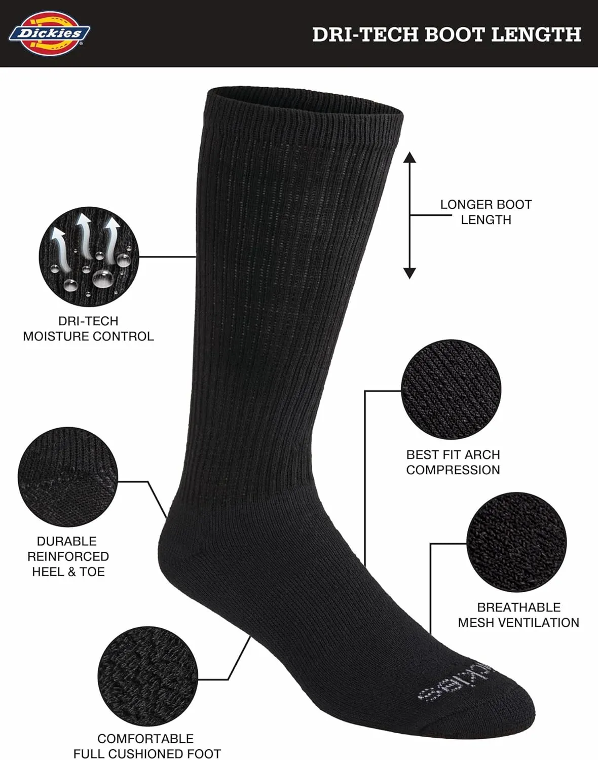 Dickies Men's Dri-Tech Moisture Control Boot-Length Socks, 6 & 12 Pairs, Sizes L-XL