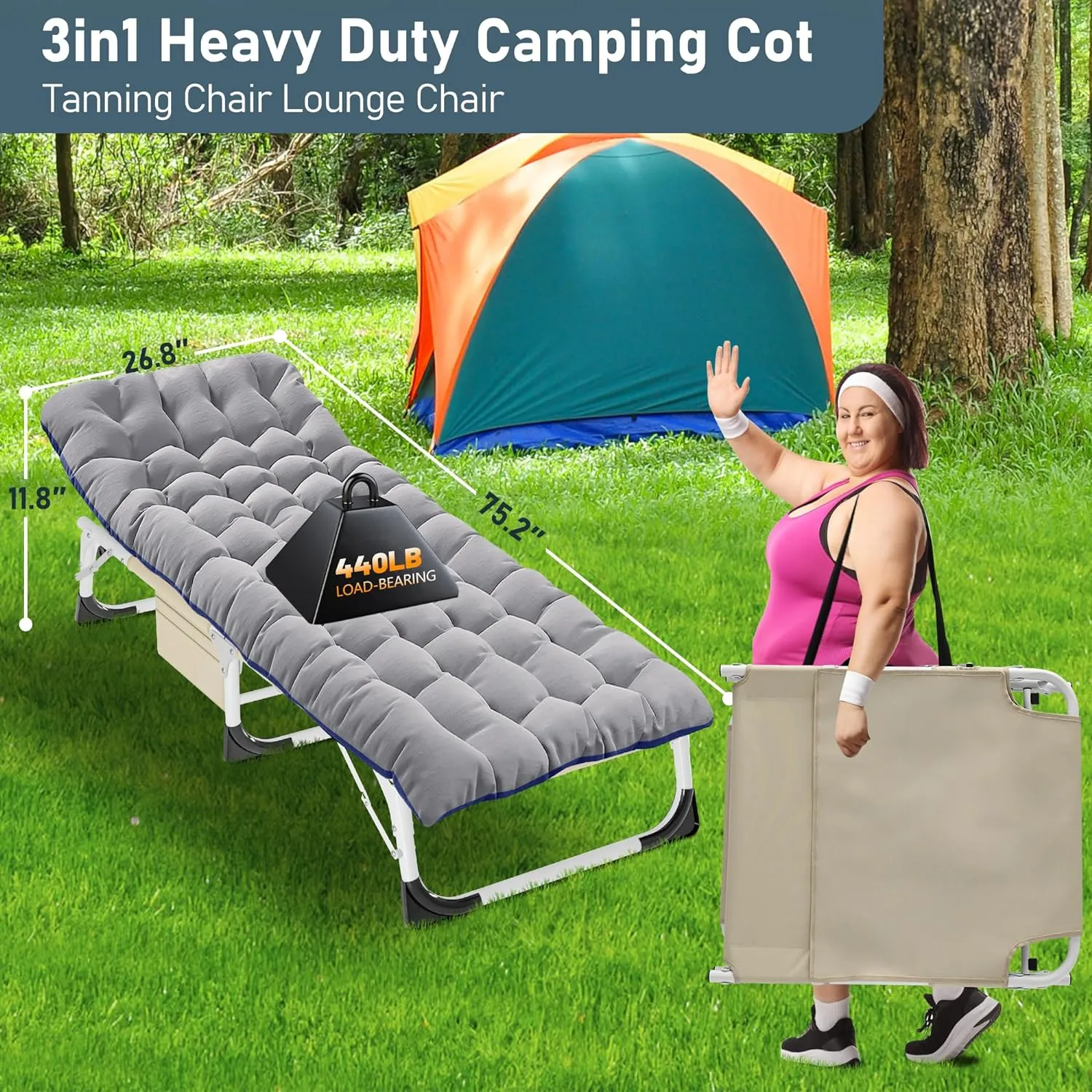 DoCred Folding Camping Cot with Mattress, 2 Pack Heavy Duty Folding Cot for Adults, Portable Sleeping Cot Bed Adults Outdoor Bed with Carry Bag, Travel Camp Cots