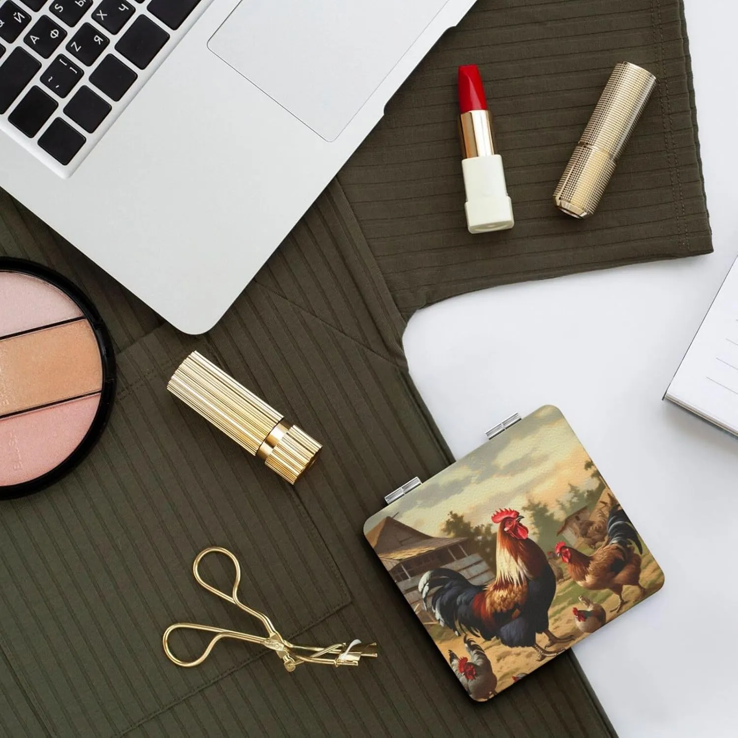 Farm Print Chicken and Rooster Printed Square Pocket Makeup Mirror with 1X/2X Magnification, Portable Mini Travel Makeup Mirror for Travel Daily Work Beauty