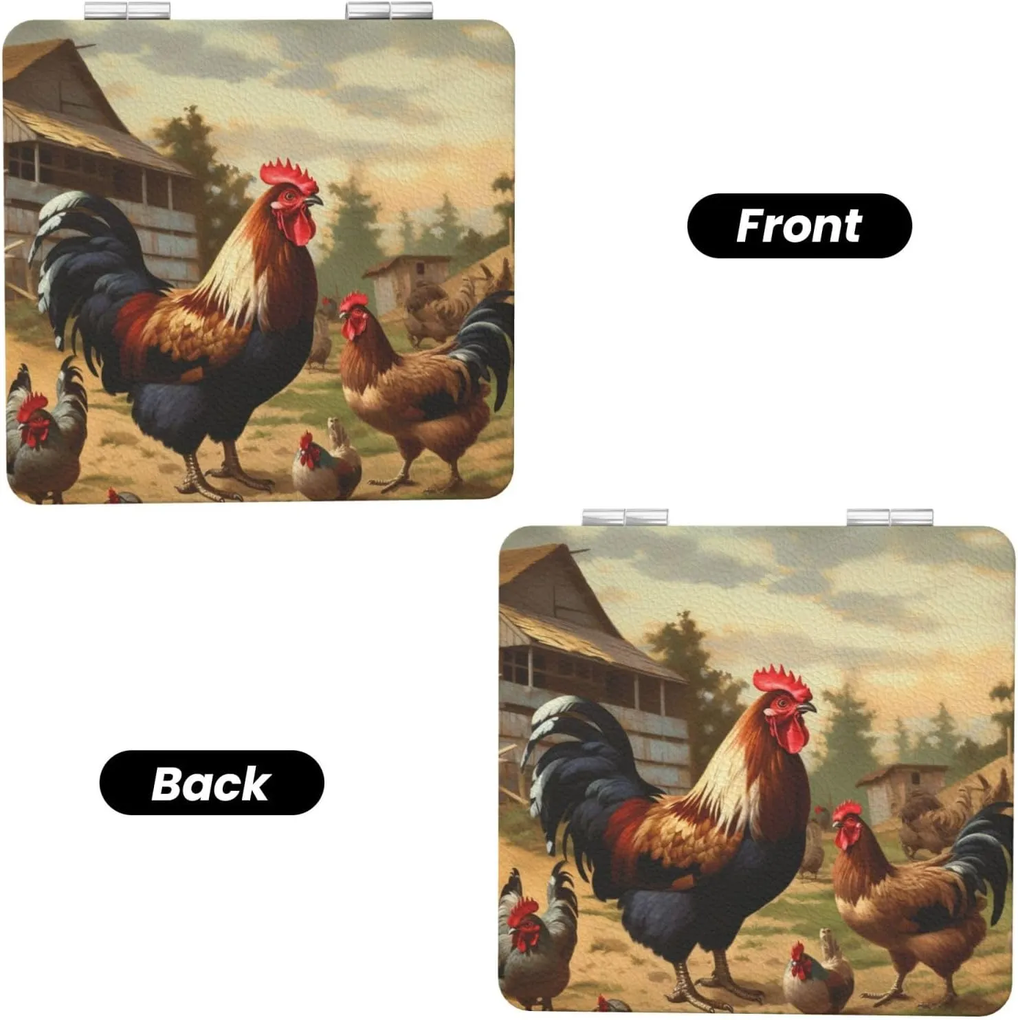 Farm Print Chicken and Rooster Printed Square Pocket Makeup Mirror with 1X/2X Magnification, Portable Mini Travel Makeup Mirror for Travel Daily Work Beauty