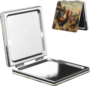 Farm Print Chicken and Rooster Printed Square Pocket Makeup Mirror with 1X/2X Magnification, Portable Mini Travel Makeup Mirror for Travel Daily Work Beauty