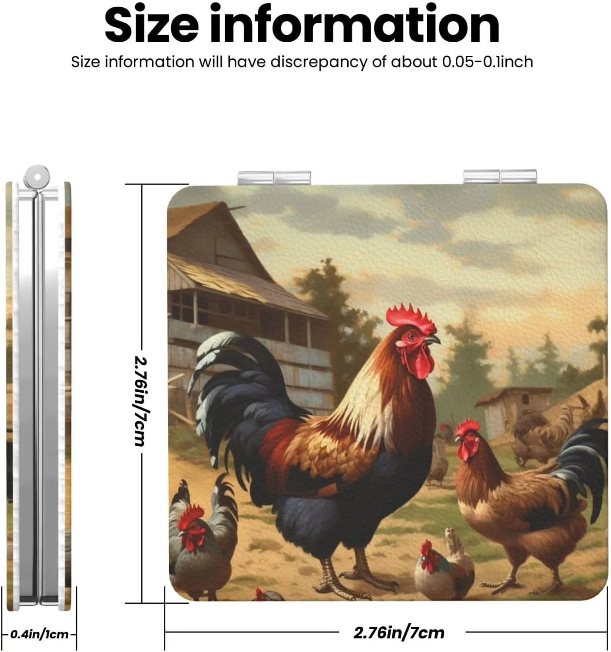 Farm Print Chicken and Rooster Printed Square Pocket Makeup Mirror with 1X/2X Magnification, Portable Mini Travel Makeup Mirror for Travel Daily Work Beauty