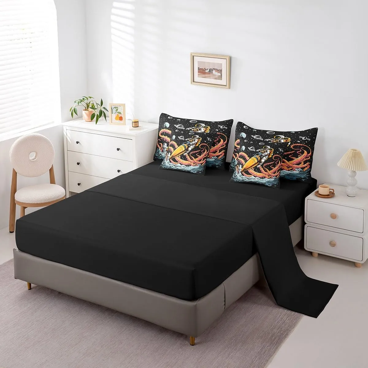 Feelyou Outer Space 7 PCS Comforter Set with Sheets Octopus Tentacles Planet 7 Pieces Bed in a Bag Set for Kids Boys Girls Galaxy Bed in a Bag Astronaut Comforter Set with Sheets