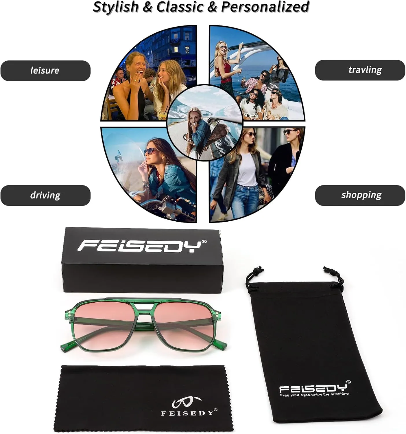 FEISEDY Retro Square Aviator Sunglasses Women Men 70s Vintage Trendy Plastic Frame Sun Glasses B2835