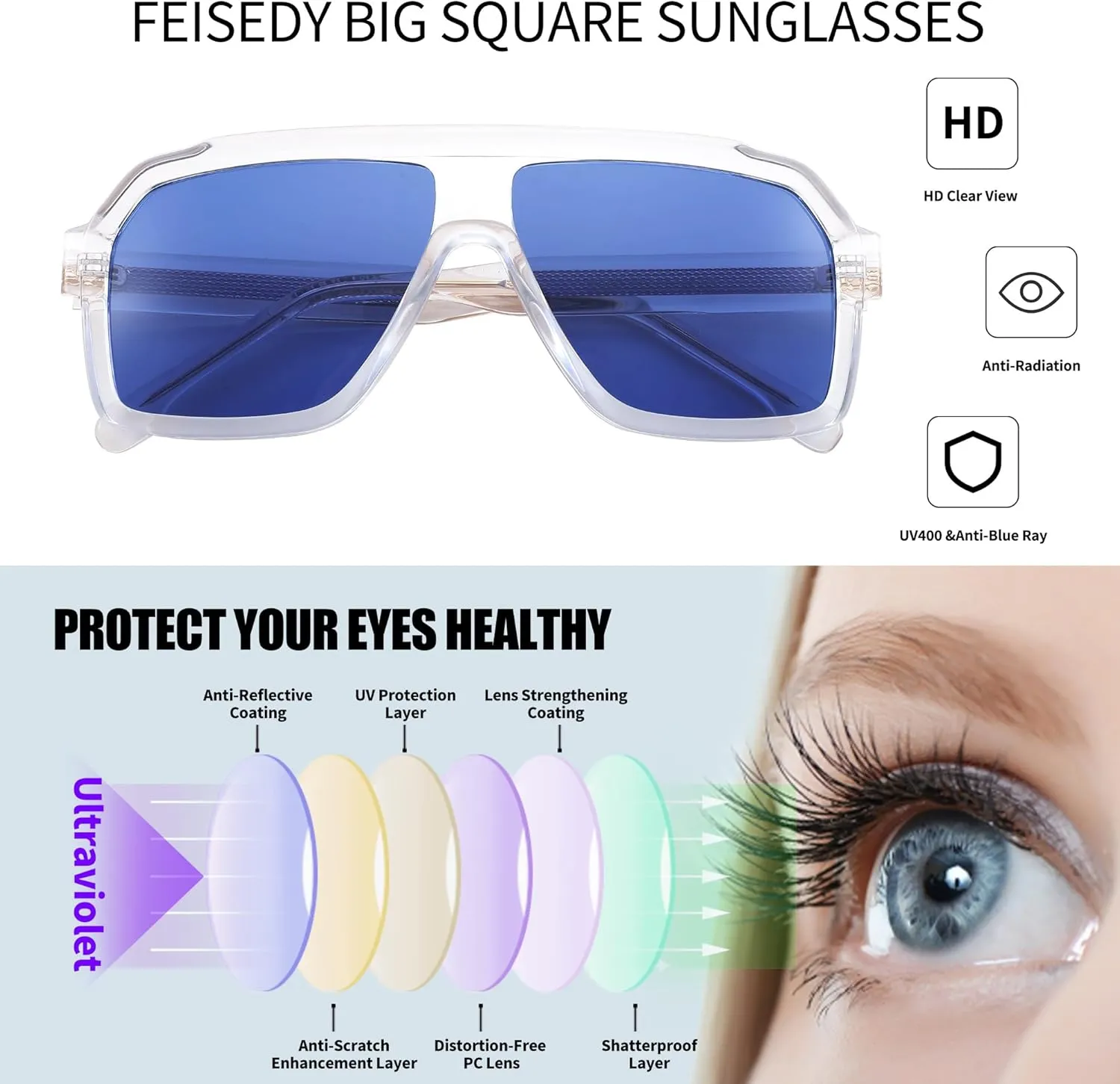 FEISEDY Sunglasses Men Square Aviator Frame UV400 Sun Glasses Driving Running Fishing Golf Hiking B0059