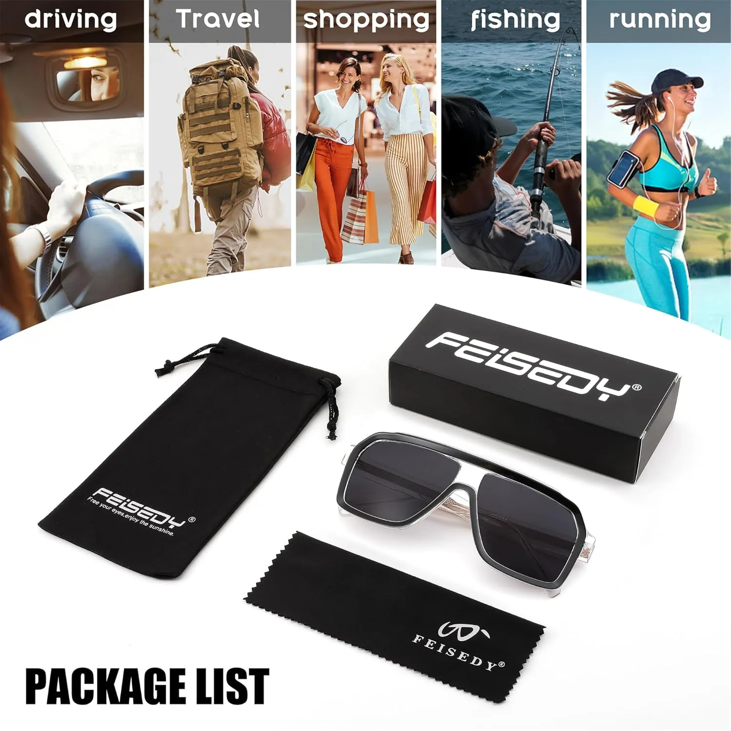FEISEDY Sunglasses Men Square Aviator Frame UV400 Sun Glasses Driving Running Fishing Golf Hiking B0059